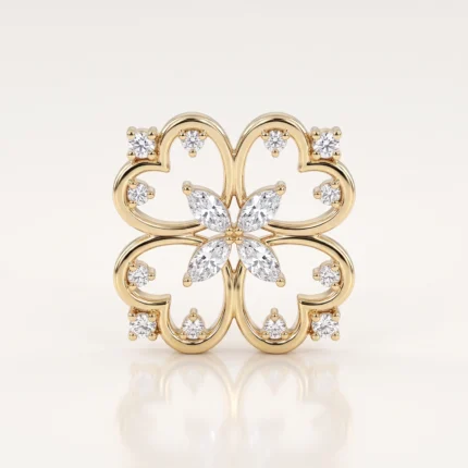 Gold quatrefoil pendant with diamond-studded edges and a central diamond flower.