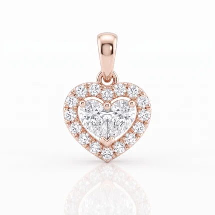 Rose gold heart pendant encrusted with diamonds, featuring a central diamond heart motif and pavé surround.