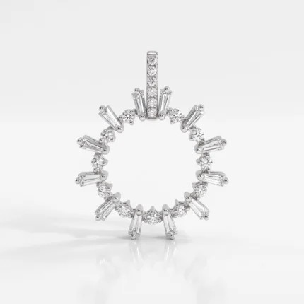 Diamond circle pendant featuring alternating round and baguette-cut diamonds with a diamond-studded bail.