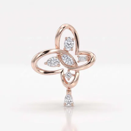 Rose gold pendant with four looping clover petals set with diamonds and a tear-shaped drop at the bottom center of the design.