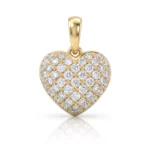 Gold heart-shaped pendant encrusted with multiple diamonds on a polished bail, on a white background, centered image.