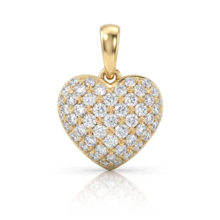 Gold heart-shaped pendant encrusted with multiple diamonds on a polished bail, on a white background, centered image.