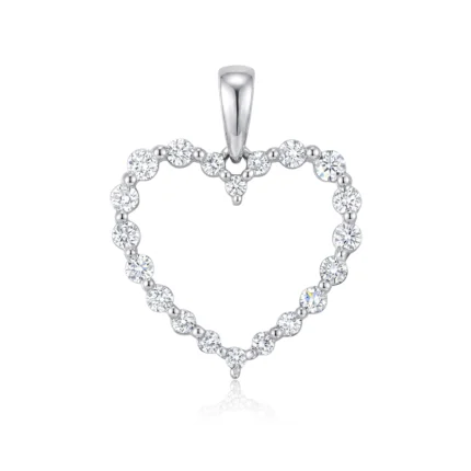 Heart-shaped diamond pendant with a silver bail and sparkling stones along the outline of the heart, suspended as a necklace charm.