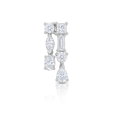 Silver drop earring with multiple clear diamonds in round, marquise, baguette, and pear shapes in a prong setting