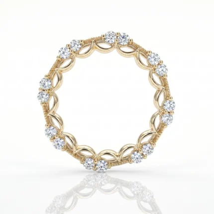 Gold circular bracelet-like ring with evenly spaced round diamonds along a scalloped gold band (eternity style).