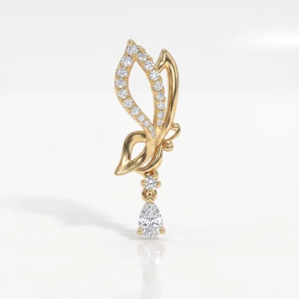 Gold pendant with a leaf-shaped, diamond-encrusted loop and a teardrop diamond drop, on a white background, facing viewer.