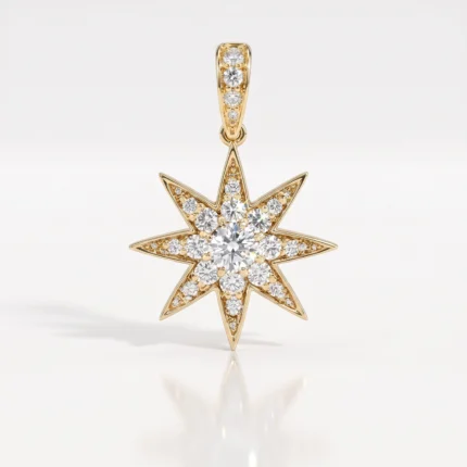 Eight-point gold star pendant encrusted with diamonds, hanging from a small bail on a white background