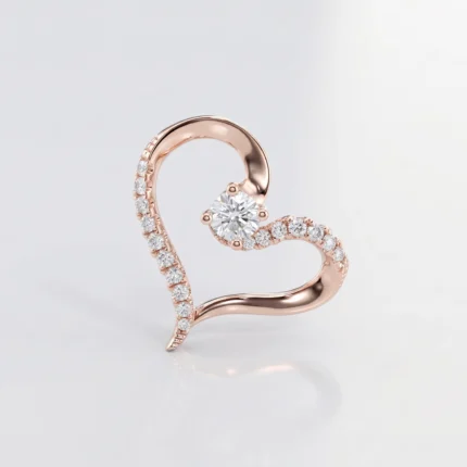 Rose gold heart-shaped ring with a central diamond and pavé diamonds along the curved band in a heart form.