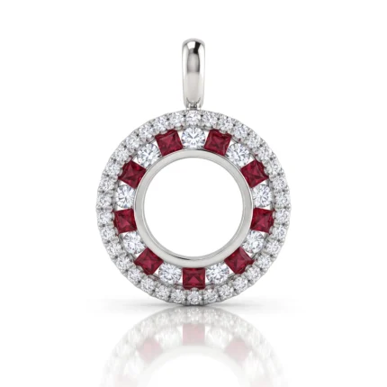 Circular pendant with alternating red square-cut gems and clear diamonds set in white metal, attached to a bail on top (jewelry image).
