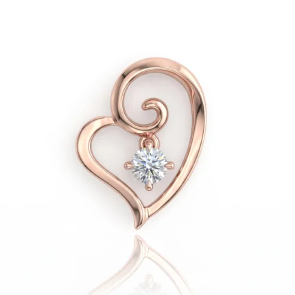 Rose gold heart-shaped pendant with a round diamond centerpiece and a delicate spiral accent nearby