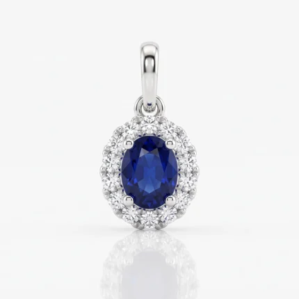 Oval blue sapphire pendant surrounded by a diamond halo in a white-gold setting.