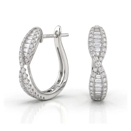 Diamond-studded white gold hoop earrings with a twisted, pavé design shown from side and front views.