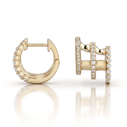 Gold hoop earring with diamonds along the outer edge and a hinged clasp