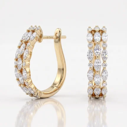 Gold hoop earrings in yellow gold, adorned with multiple sparkling diamonds in two rows, shown from side and front views.