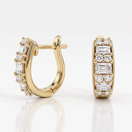 Gold hoop earrings set with alternating rectangular and round diamonds along the front, shown from side and front views against a light background.