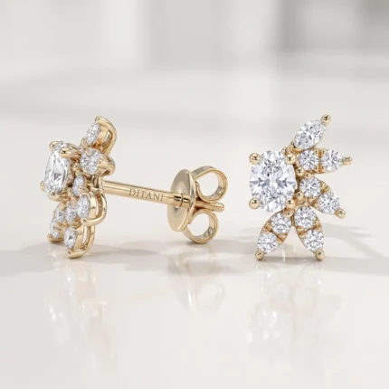 Gold stud earrings with a diamond floral cluster in a yellow-gold setting, shown from side and front perspectives.