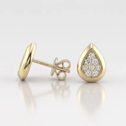 Gold teardrop-shaped diamond stud earrings, pavé-set diamonds on a white background.