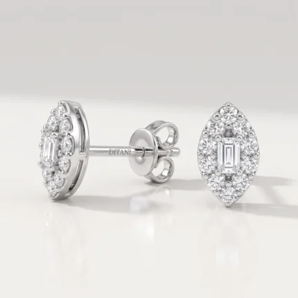 White-gold diamond stud earrings with an emerald-cut center stone, surrounded by a halo of round diamonds; one earring shown from the front, the other from the side with post and butterfly backing.