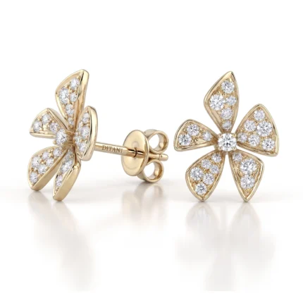 Gold flower-shaped stud earrings encrusted with diamonds, five-petal design.