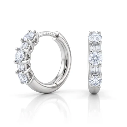 White-gold diamond ring shown from side and front, with round and baguette stones and 'DITANI' engraving on the band
