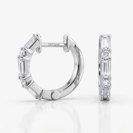 Silver hoop earring with baguette and round diamonds set around the band, side and front views visible, engraved post reads 'DITANI'