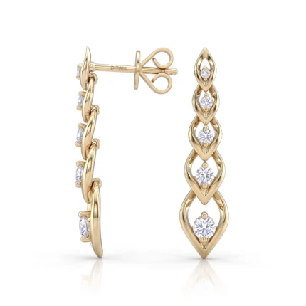 Gold drop earrings with entwined teardrop links accented by diamonds along the length