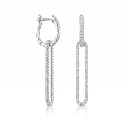 Diamond-studded drop earrings with a long oval loop and pavé diamonds on silver metal, one hoop opening visible.