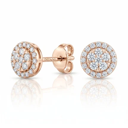 Rose-gold diamond halo stud earrings with a circular cluster of diamonds and a butterfly back.