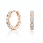 Rose-gold diamond hoop earring, diamonds set along the outer edge; shown in side and front views.