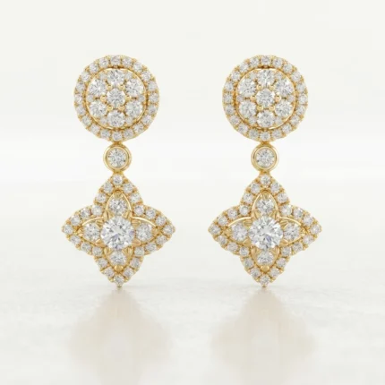 Pair of gold diamond-studded drop earrings with circular top and diamond-encrusted diamond-shaped pendant