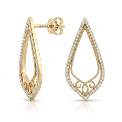 Gold teardrop earrings edged with pavé diamonds, shown from front and side.