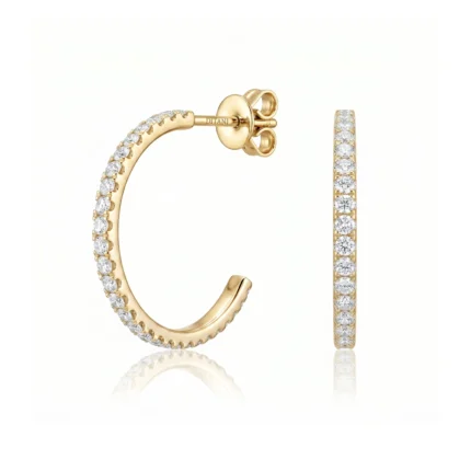 Gold hoop earring encrusted with diamonds, showing the secure lever-back clasp and diamond-studded surface.
