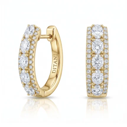 Yellow gold hoop earrings with a pavé border of diamonds, shown from both front and side views.