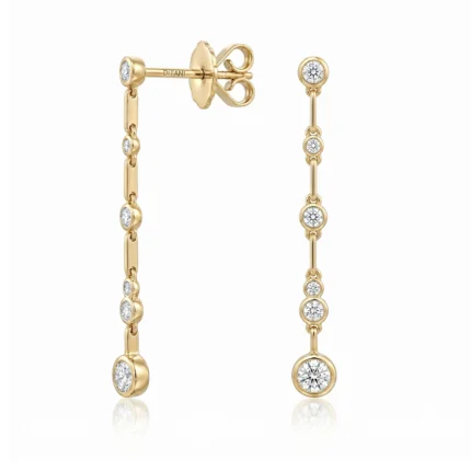 Gold drop earrings in yellow gold with round diamonds set in circular bezels along a linked chain, shown from side and front views.