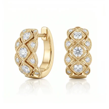 Gold hoop earrings with an ornate lattice design and diamond accents in a vintage-inspired pattern.