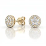 Gold circular halo diamond stud earrings in polished yellow gold on a white background