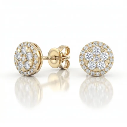 Gold circular halo diamond stud earrings in polished yellow gold on a white background