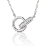 Silver pendant necklace with a hollow circular ring and a diamond-studded bar passing through it on a matching chain.
