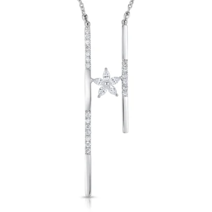 Diamond flower pendant necklace with two vertical diamond-rimmed bars and a central blossom, silver metal