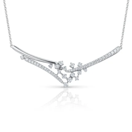 Silver necklace with two curved diamond-encrusted bars forming a V, connected by a cluster of diamonds at the center.