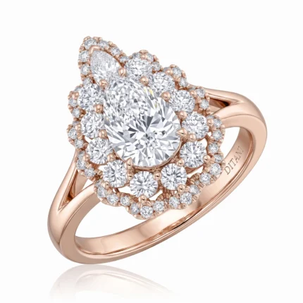 Rose gold halo ring with a large oval center diamond surrounded by two rows of smaller diamonds (pavé halo).