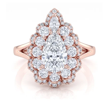 Rose gold ring with a pear-shaped center diamond surrounded by a halo of pavé diamonds