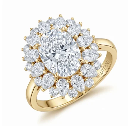 Gold ring with a large center diamond surrounded by a floral halo of smaller diamonds on gold band for an elegant engagement look.