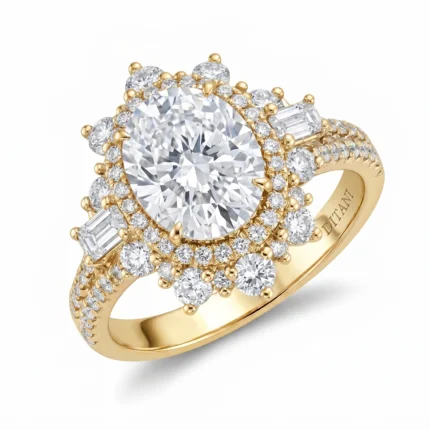 Gold ring with a large central diamond surrounded by a double halo of smaller diamonds in a vintage-style setting