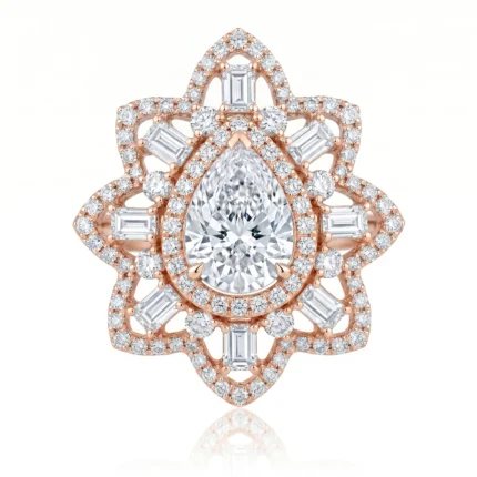 Rose gold floral pendant studded with diamonds, featuring a large pear-cut center stone and a diamond halo周 around it?