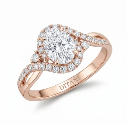 Rose gold halo engagement ring with a large center diamond, surrounded by a double row of pavé diamonds and 'DITANI' engraved on the band.