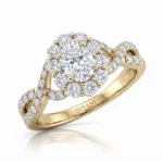 Gold ring with a large center diamond surrounded by a halo of smaller diamonds and a diamond-studded band.