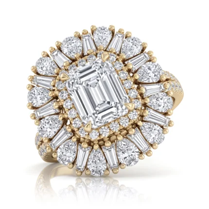Gold ring with a square emerald-cut center diamond surrounded by a halo of round and baguette diamonds; a radiant, multi-stone centerpiece.