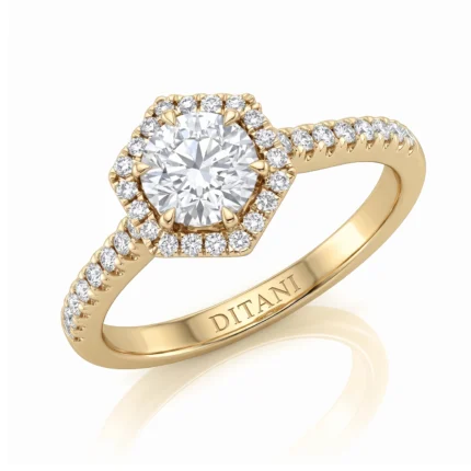 Gold engagement ring featuring a large round center diamond, haloed by smaller diamonds and a pavé-diamond band on a yellow-gold setting.
