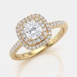Gold ring with a large central diamond surrounded by two halos of small diamonds and a pavé-diamond shank, engraved 'DITANI' on the inner band